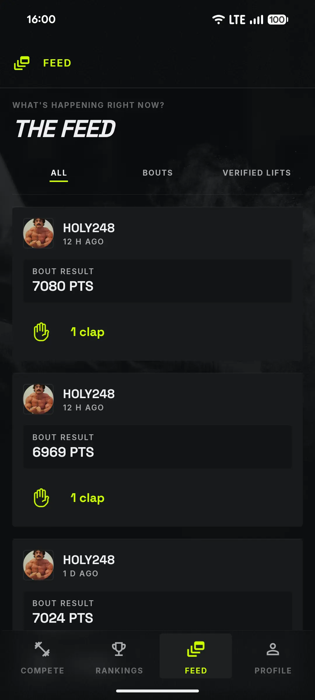 Gymbout feed screen showing recent athlete bout results and reactions