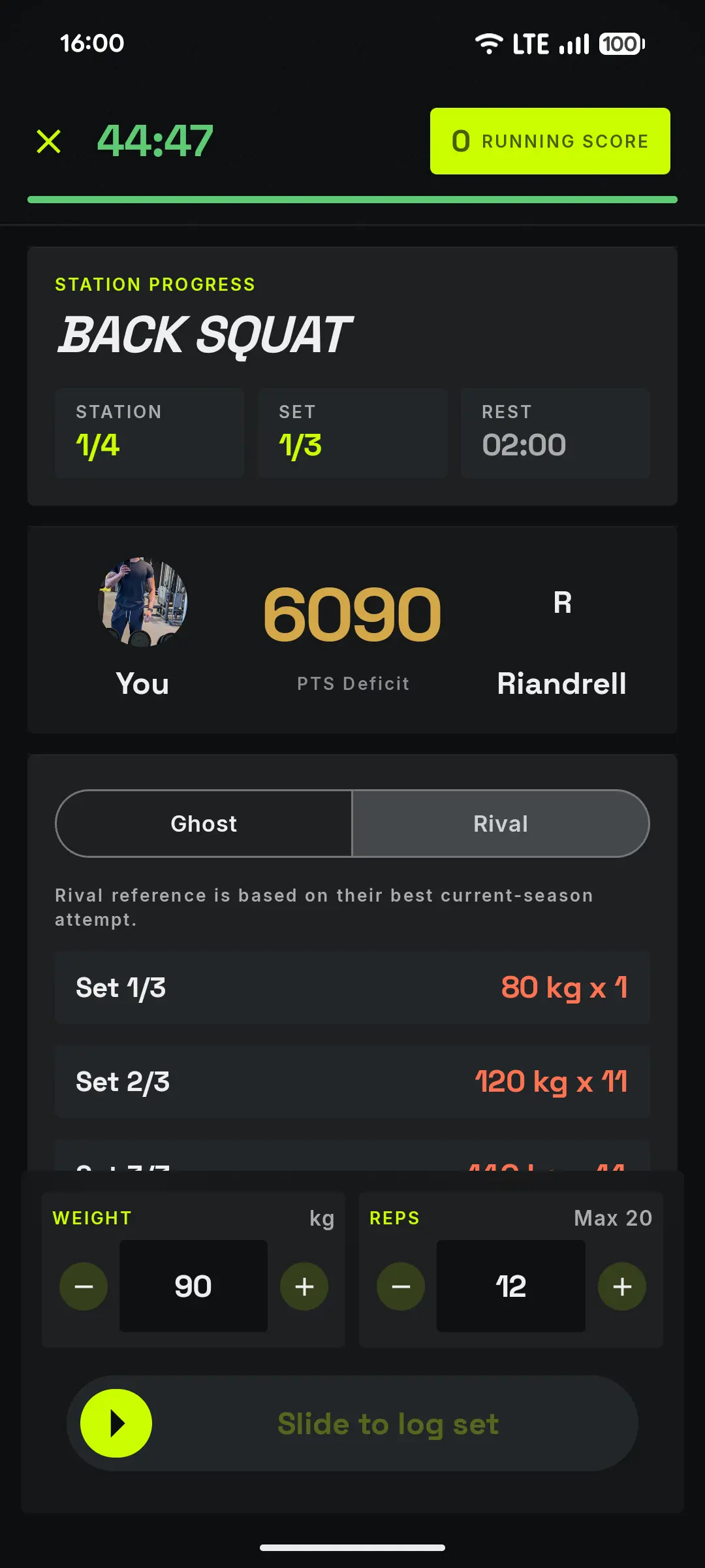 Gymbout live bout screen showing back squat progress, rival comparison, and set logging controls