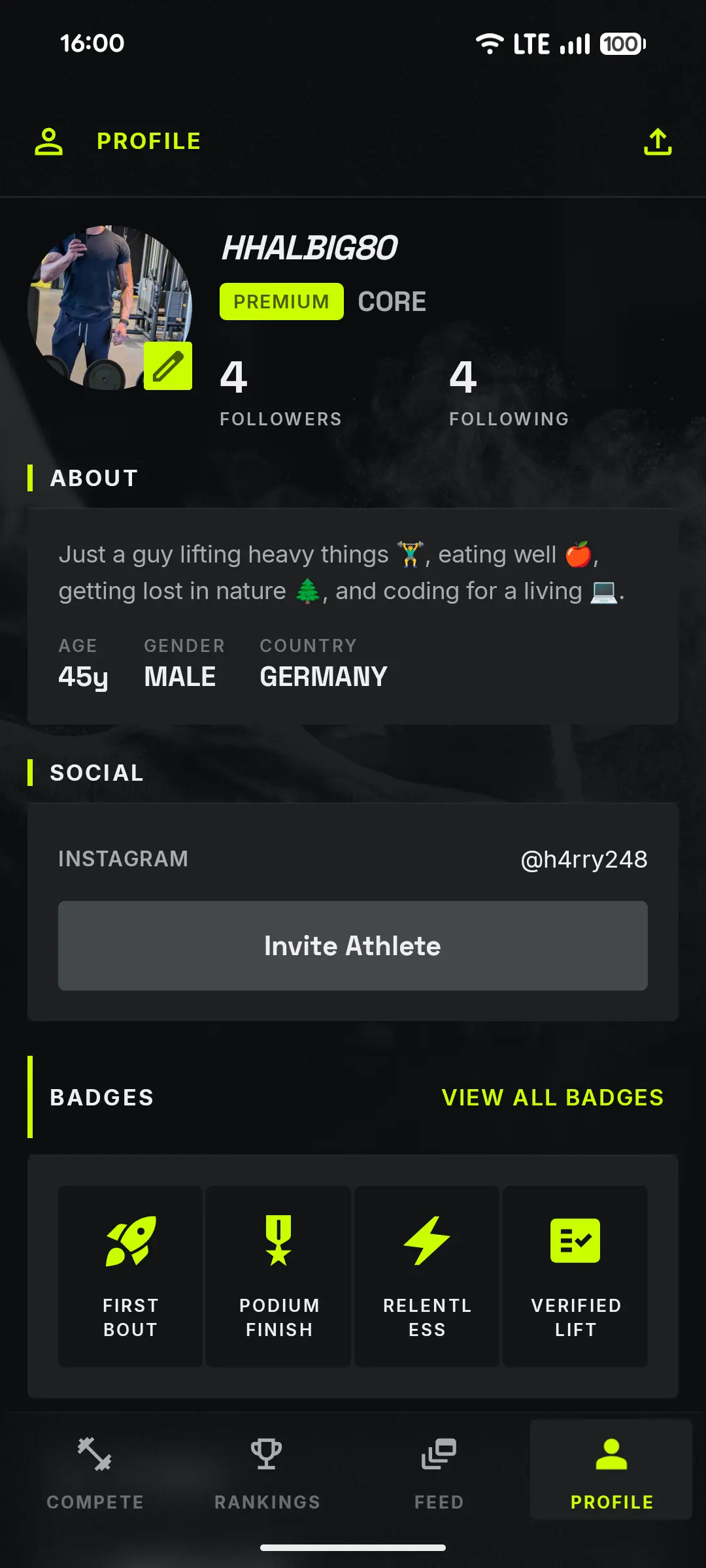 Gymbout athlete profile showing followers, social section, and earned badges