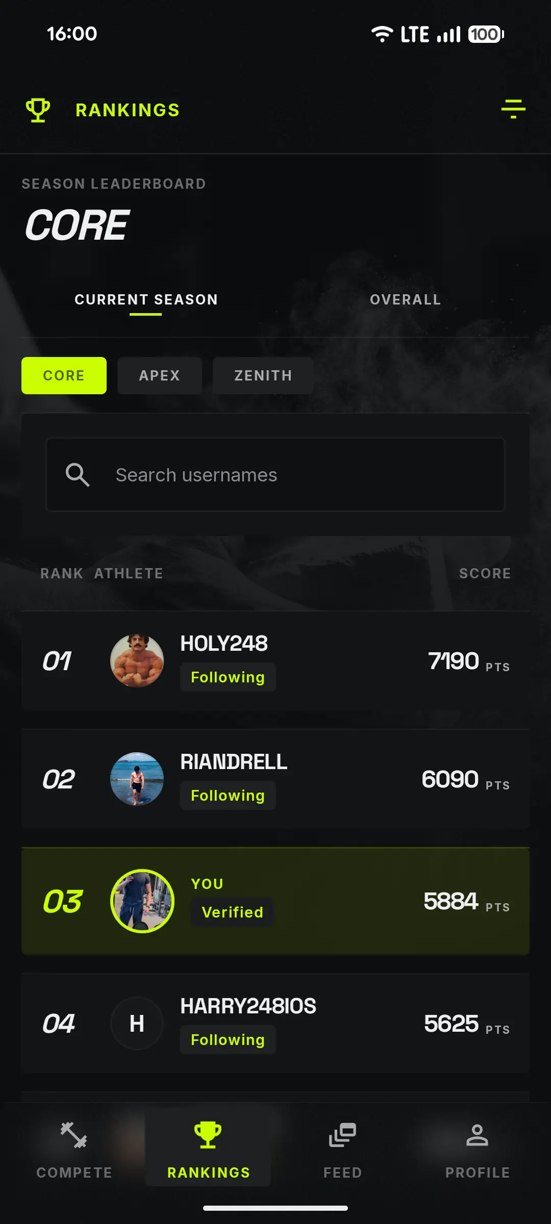 Gymbout rankings screen showing season leaderboard, search, and current athlete placement