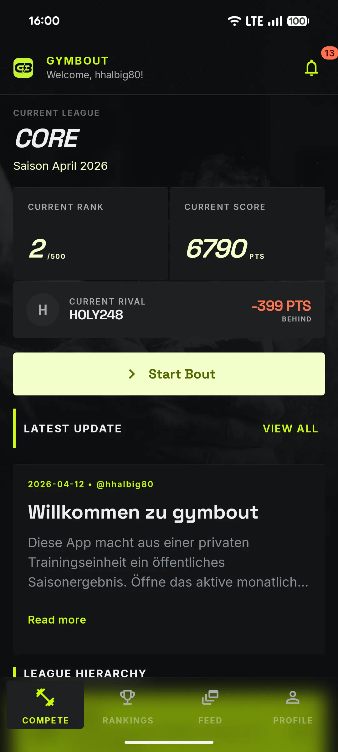 Gymbout dashboard showing current league, score, rival gap, and latest update